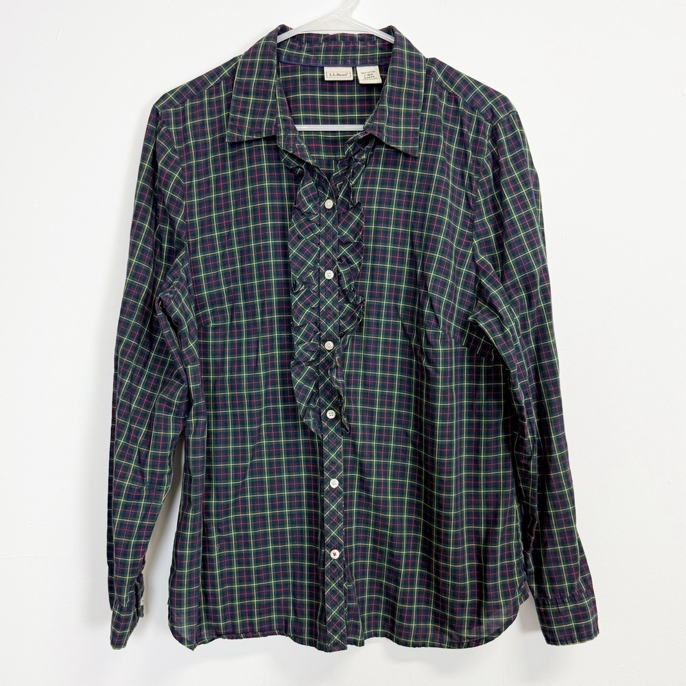 LL Bean Shirt Womens Large Green Plaid Ruffle Trim Cottagecore Button Up Top